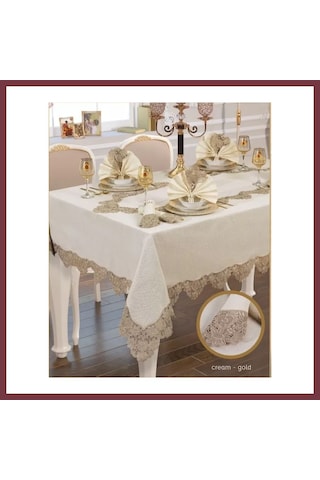 Storeşahin Angles Flora El İşi Yemek Takımı 17 Parça Masa Seti 8 Kişilik 165 265 Cm Runner Set Krem-gold Shn0720 Krem - Gold