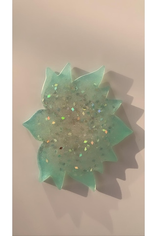 Turkuaz Lotus Çiçeği Desen Gümüş Glitterli Epoksi Bardak Altlığı Turkuaz