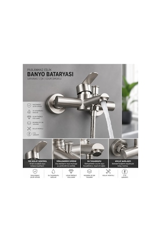 Banyo Bataryası İnox Paslanmaz Çelik Çift Çıkışlı Duş Hortumu Bağlantılı Musluk Metal