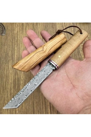 Damascus Kamp Tanto Japon Edc Zeytin Ağacı Sap Kahverengi