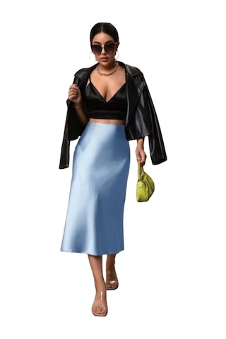 Kadın Saten Kalça Balık Etek Açık Mavi