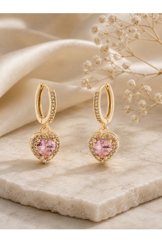 Kadın Paslanmaz Çelik Zirkon Taşlı Pembe Kalp Sarkıtlı Halka Küpe Altın