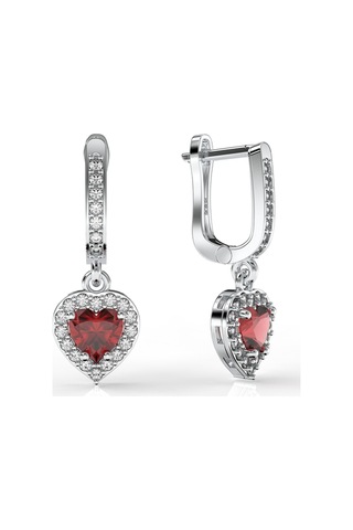 925 Ayar Lal Taşlı Rodyum Pırlanta Işıltılı Sallantılı Kalp Gümüş Küpe Gümüş