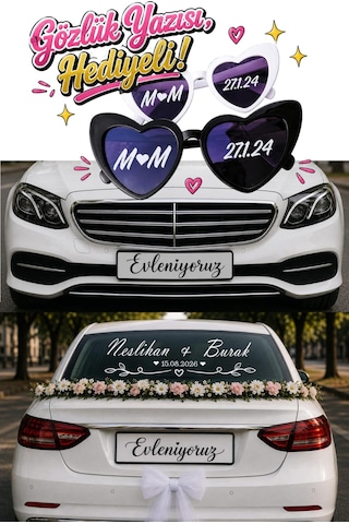 Gözlük Yazısı li , Gelin Arabası İçin Arka Cam Yazısı, Evleniyoruz Plaka Yazısı 3 Lü Set Sticker Gelin Arabası Süsü
