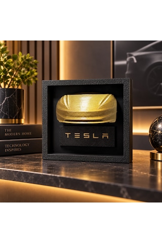 Tesla Temalı 3d Baskı Araba Figürlü Dekoratif Çerçeve Masaüstü Dekor Tsl-3d-blk-gld-01