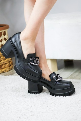 Asmi Shoes Kadın Kalın Toka 8 Cm Platformlu Loafer Ayakkabı Siyah Cilt Siyah