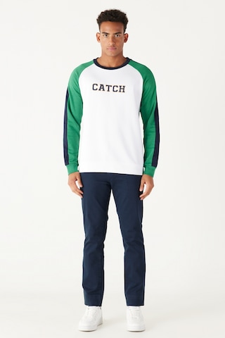 AC&Co / Altınyıldız Classics ERKEK BEYAZ YESIL Standart Fit Normal Kesim Bisiklet Yaka Pamuklu Çizgili Sweatshirt Beyaz