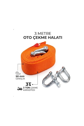 Sogex Oto Çekme Halatı, 3 Metre, 3 Ton Kapasiteli, 50 Mm Genişlik, Turuncu, Vidalı Kancalı Mapa İle Araç Kurtarma