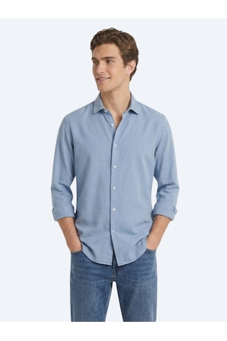 Kip Koyu İndigo Düz Regular Fit Uzun Dokuma Casual Pamuk Karışımlı Gömlek Mavi