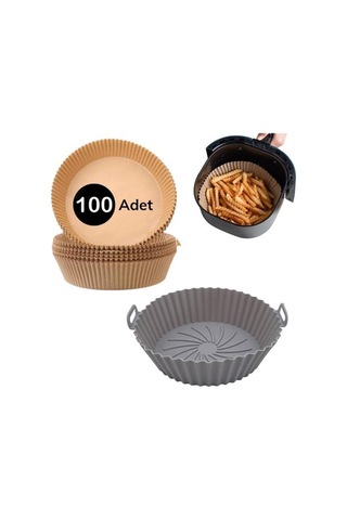 Air Fryer Pişirme Matı 20 Cm Gri Silikon Ve 100 Adet Yuvarlak Delikli Pişirme Kağıdı Seti