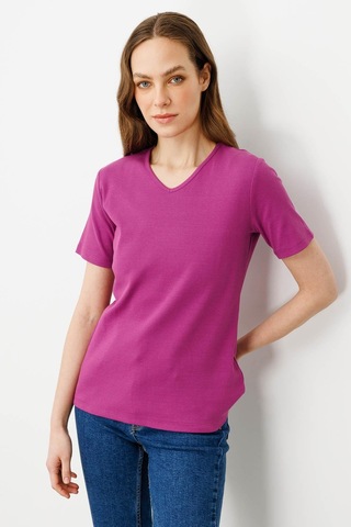Kadın V Yaka Kaşkorse Pamuk T-shirt Sıklamen pembe