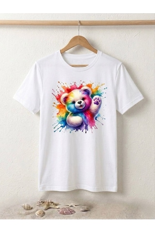 Sulu Boya Efektli Teddy Bear Baskılı Kompak T-shirt Beyaz