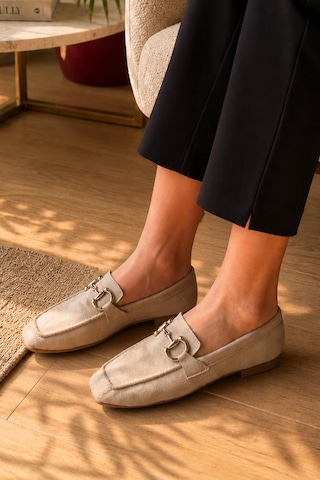 Kadın Loafer Makosen Metal Tokalı Nubuk Günlük Ayakkabı Bej