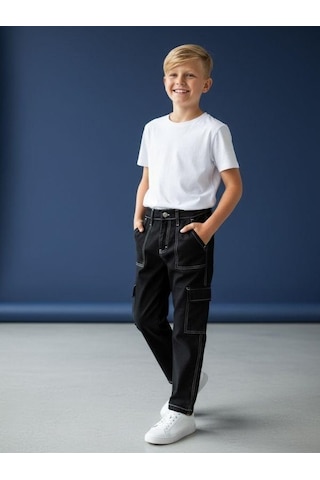 Zekids Çocuk Kargo Cepli Kontrast Dikişli Geniş Paça Pantolon-16618 Siyah
