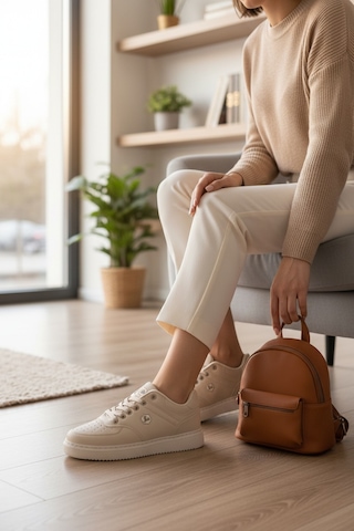 Enoch Suni Deri Beyaz Düz Tabanlı Erkek Casual Sneaker Ayakkabı Bej