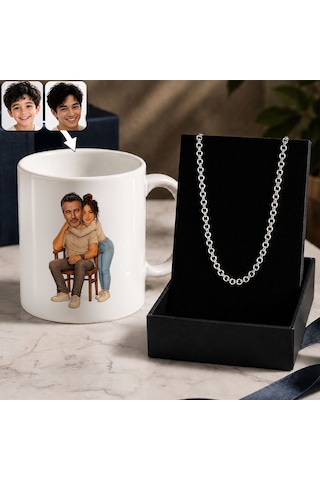 Bk Gift Kişiye Özel Baba&çocuk Karikatürlü Beyaz Kupa & Rolo Zincir Kolye -5, Babalar Günü Hediyesi Gümüş