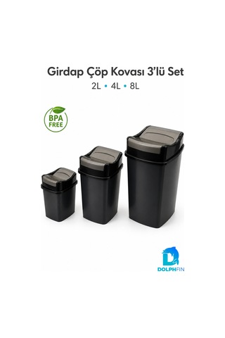 Girdap 3 Lü Sallanır Kapaklı Çöp Kovası Seti 2 L 4 L 8 L Banyo Mutfak Siyah