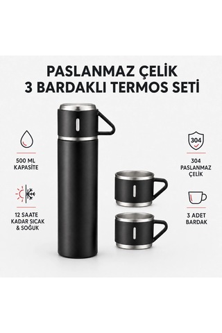 Paslanmaz Çelik 3 Bardaklı Termos Seti- 500 Ml Çok Renkli