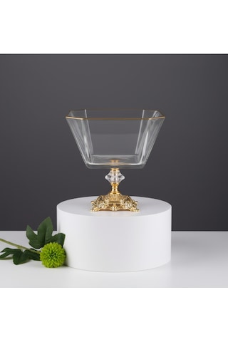 Çnr Home Collection Paşabahçe Metal Ayakli Gold Detayli Cam Büyük Boy Salata-servis -sunum Kasesi Gold