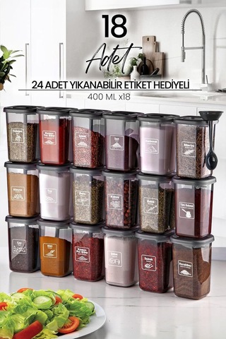 18'li Azure Etiketli Ve Kendinden Kaşıklı Baharatlık Seti 400 Ml - Baharatlık Takımı Çok Renkli