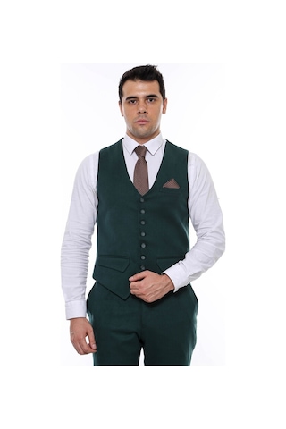 Wessi Yeşil Desensiz 8 Düğmeli Erkek Yelek 001