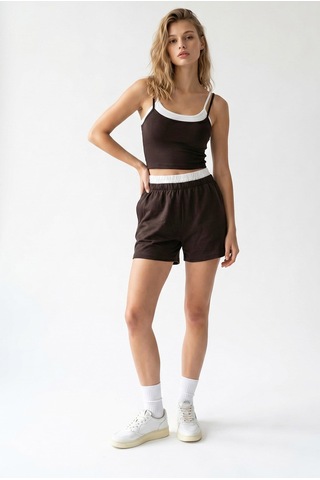 Mixray 2151 Kadın Biye Detaylı Askılı Crop Top Şort Takım Kahve