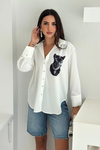 Jaguar Desen Baskılı Taşlı Gömlek Beyaz