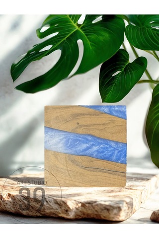 Ceviz & Turkuaz River Epoksi Bardak Altlığı Seti 6 Lı, El Yapımı Ceviz Ahşap, 12x12 Cm, Modern & Şık Tasarım Turkuaz