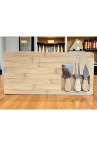 Doğal Bambu Bıçaklı Peynir Servis Sunum Tabağı Kahvaltı Sunum Tahtası Seti 4 Parça 38x18 Cm Kahverengi