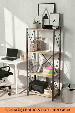 Fourty 4 Raflı Metal Dar Tekli Kitaplık Dekoratif Ofis Salon Rafı 124 Cm Çam