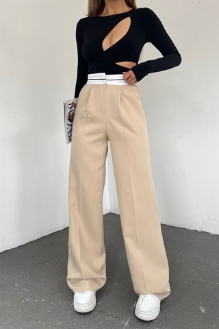 Neşeli Butik Kadın Bej Palazzo Cepli Pantolon Qns037