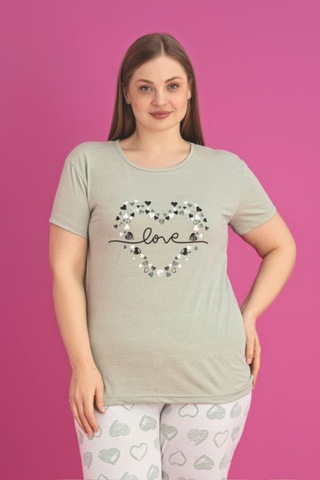 X-dreamy Büyük Beden Pamuklu Kalp Desenli Kısa Kollu Pijama Takımı Yeşil