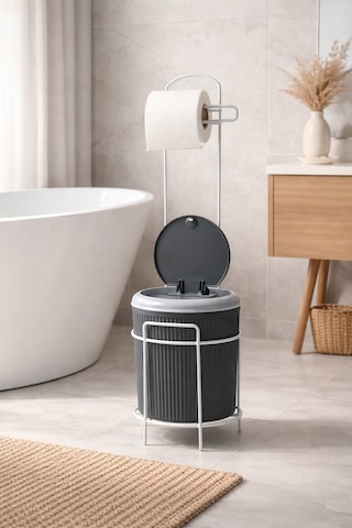 Decorev Modern Click Kapaklı 5 Lt Banyo Kovası Ve Tuvalet Kağıtlığı 2 Si 1 Arada Şık Tasarım Gri
