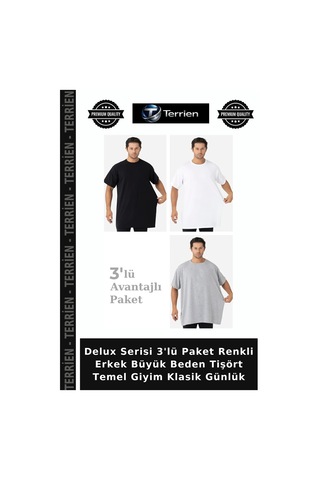 Terrien Delux Serisi 3'lü Paket Renkli Erkek Büyük Beden Tişört Temel Giyim Klasik Günlük Beyaz Siyah Gri