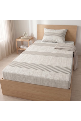 Maki Home %100 Pamuklu Keten Görünümlü Çizgili Açık Bej 120x200 Tek Kişilik Lastikli Çarşaf Seti Minimalist Modern