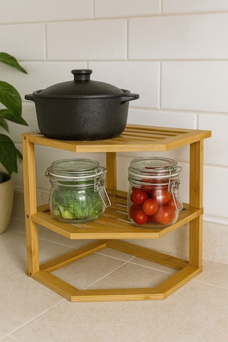 Doğal Bambu 2 Katlı Çok Amaçlı Köşe Raf Banyo, Mutfak Ve Dekoratif Organizer Br-6713 Kahverengi