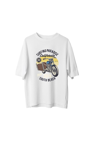Paybuy Kadın Oversize Tişört Motosiklet Sörf Tasarımı Baskılı Rahat Kesi