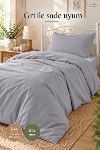 Gri Tek Kişilik Nevresim Takımı 3 Parça Düz Renk 160x220 Nevresim Çarşaf Yastık Kılıfı Sade Tasarım