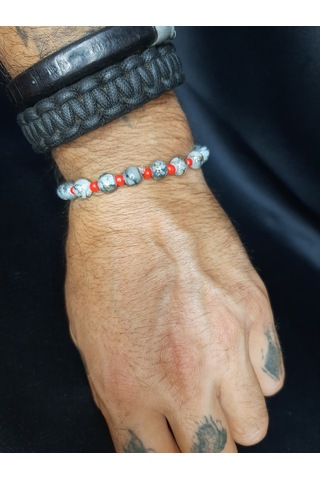 Mryart Gri Cam Boncuk Ve Kırmızı Kum Boncuk Bileklik Çok renkli