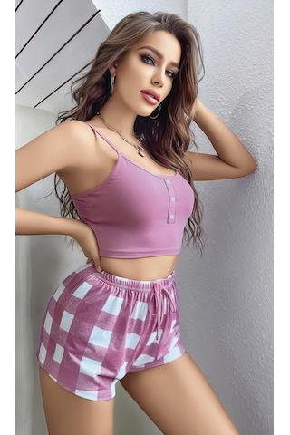 Findit Pembe Kareli Desenli Askılı Şortlu Pijama Takım Pembe