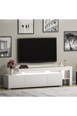 Beliz Modern LED Işıklı 3 Kapaklı, Raflı TV Sehpası – 192 cm, Beyaz