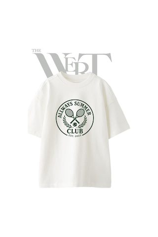 Thewert Tenis Kulubu Tasarım Baskılı Ünisex Beyaz Oversize T-shirt