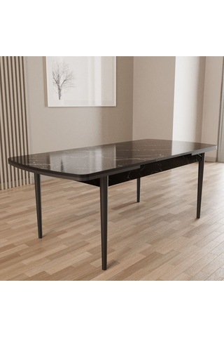 Merona Siyah Mermer 80x132 Sunta Ahşap Ayaklı Açılır Mutfak Masası, Yemek Masası, Salon Masası Siyah Mermer