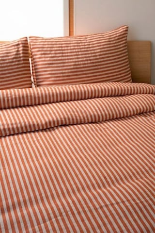 Turuncu Çizgili Keten Nevresim Yastık Seti Tek Kişilik 160x220 Cm Renkli