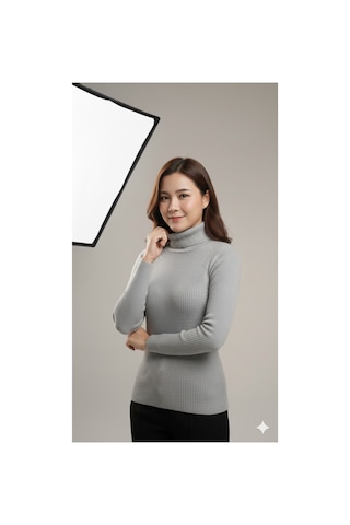 Sonbaharmoda Kadın Boğazlı Triko Badi Kazak Esnek Likralı, Yumuşak Dokulu, 100% Akrilik Gri