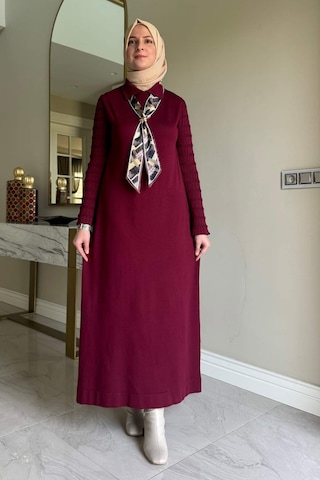 Rabia Şamlı Şölen Fularlı Triko Elbise Bordo Normal