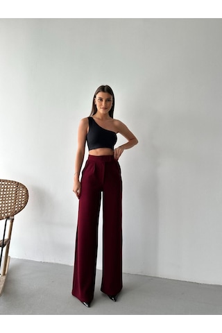 Plenty Kadin Bordo Fermuar Ve Çirt Çirt Kapamali Palazzo Kumaş Pantolon Bordo