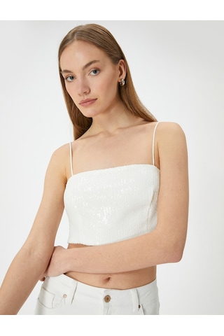 Koton Pullu Payetli Askılı Abiye Üst Crop Slim Fit Kırık Beyaz 4sak30010fk Ekru