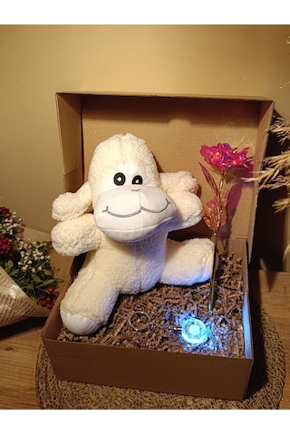 Kutulu Hediye Seti / Peluş Kuzu 24cm - Renk Değiştiren Işıklı Anahtarlık - Sonsuzluk Gülü