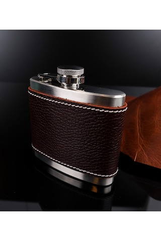 Perlotus 5 Oz-150 Cc Hunili Kahve Brown Deri Kılıf Çelik Viski İçki Konyak Matarası Kahverengi
